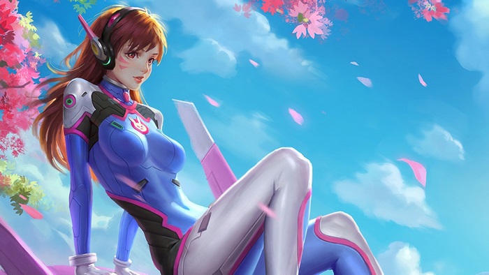 D.Va from Overwatch sitting under cherry blossoms
