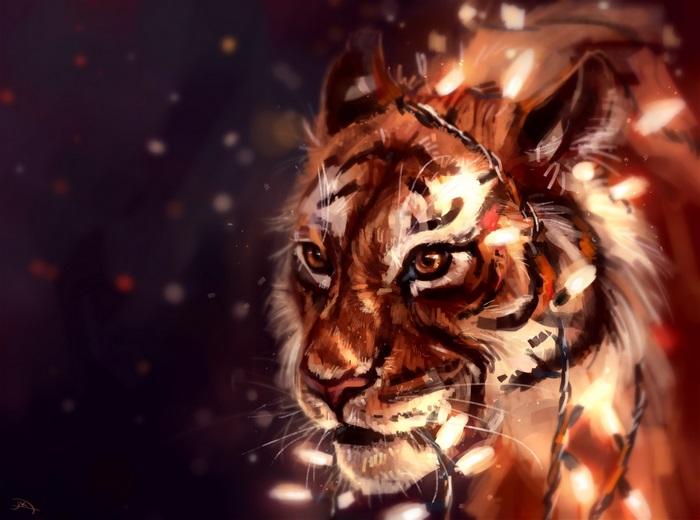 Tiger with Christmas lights