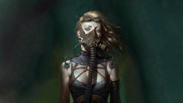 Woman with gas mask and goggles