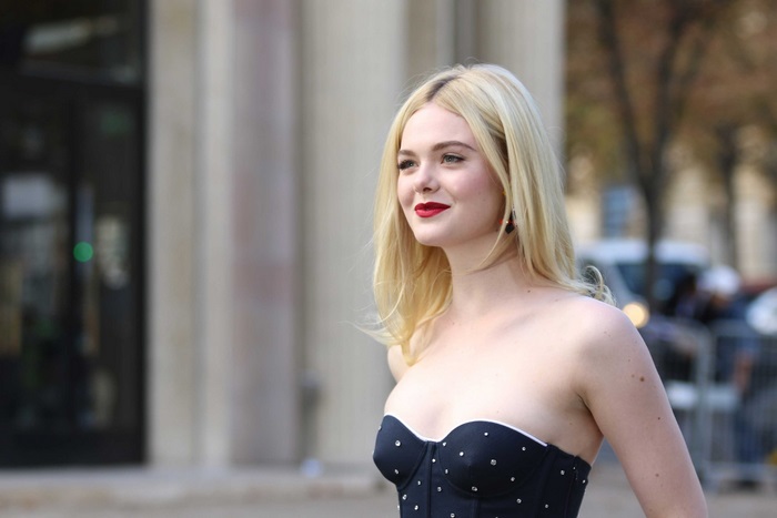 Elle Fanning in a black corset dress