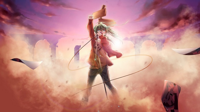 Anime boy with microphone and signpost