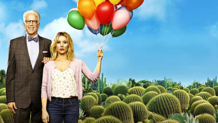 Michael and Eleanor from The Good Place with balloons