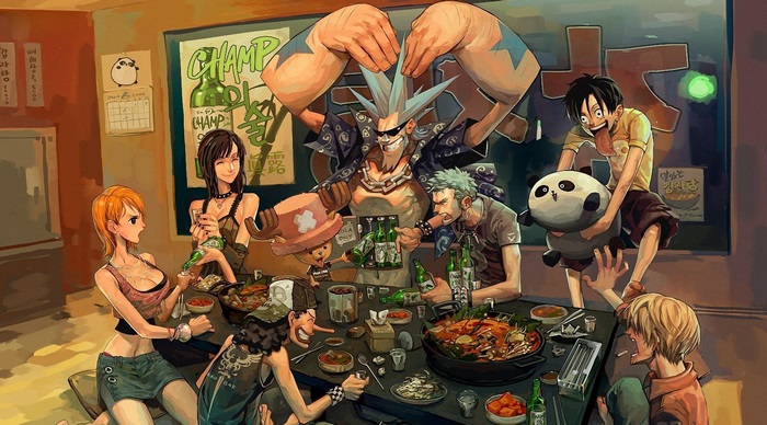 One Piece characters eating and drinking