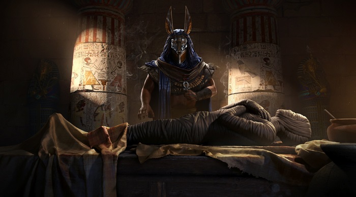 Anubis figure over a mummy in Assassin's Creed Origins 4K