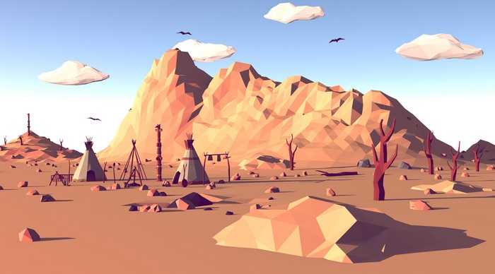 4K Polygon Desert Landscape with Mountains and Teepees