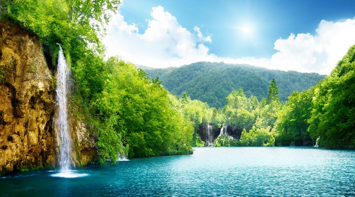 Waterfall lake and mountains 4K