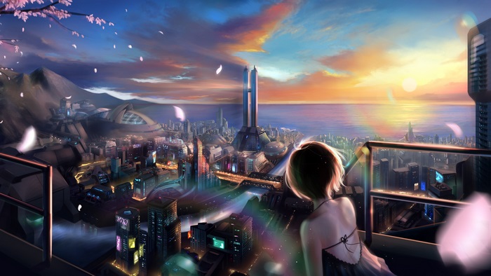 Anime city skyline at sunset with cherry blossoms