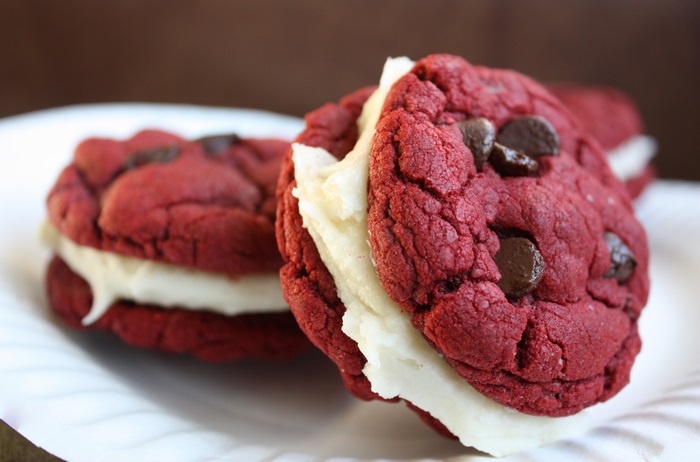 Red velvet chocolate chip sandwich cookies