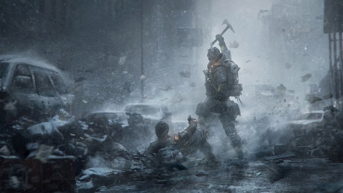 Soldier with axe in snowy city