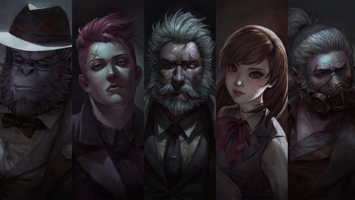 Five characters in a dark, painterly style