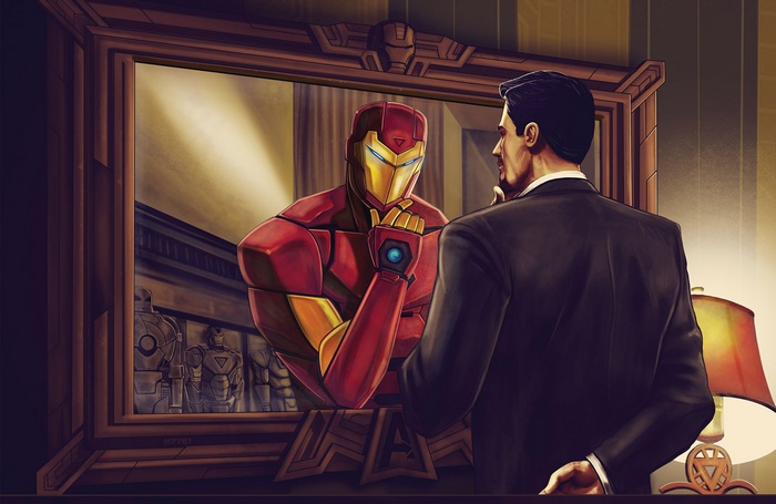 Iron Man in front of a mirror with suits