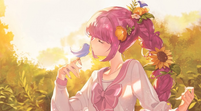 Anime Girl with Pink Hair and Birds in 4K