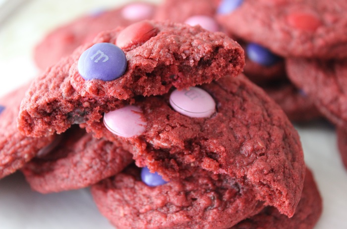 Red velvet cookies with M&Ms