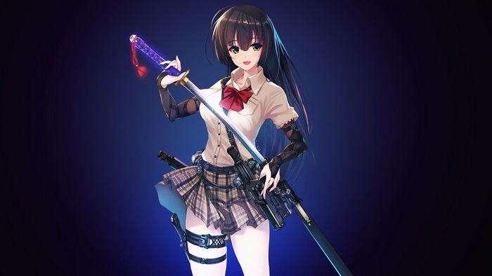 Anime girl with sword and rifle 4K