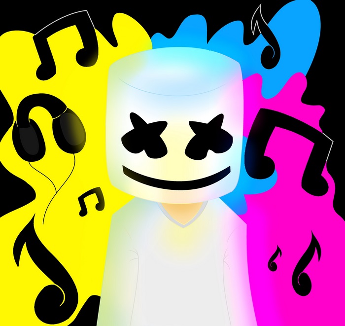 Marshmello with headphones and music notes
