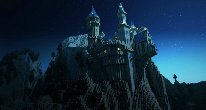Minecraft castle on a mountain at night 4K