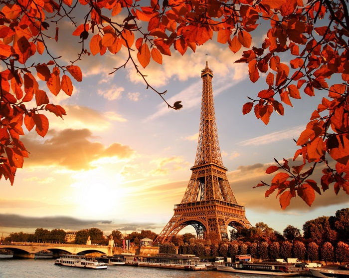 Eiffel Tower at Sunset with Autumn Leaves 4K