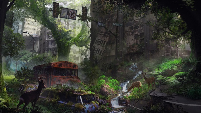 Post Apocalyptic Forest with Deer in 4K