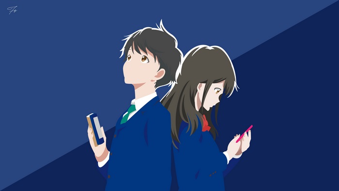 Anime couple with phones on blue background 4K