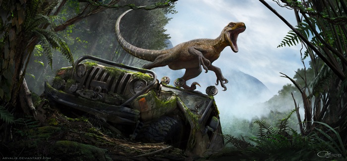 Dinosaur on a wrecked Jeep in a jungle 4K