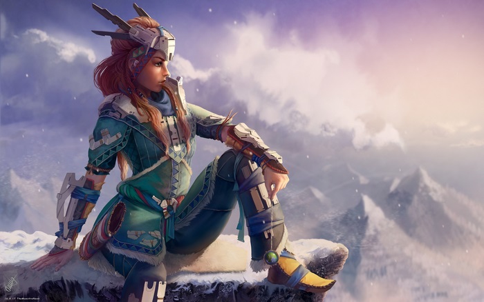 Aloy from Horizon Zero Dawn in mountains