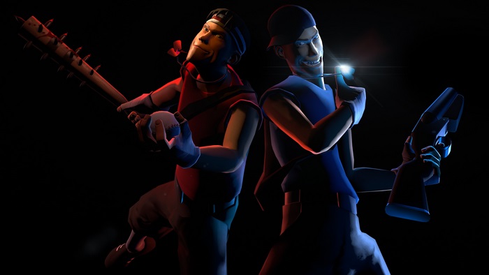Two Scouts from Team Fortress 2 with weapons