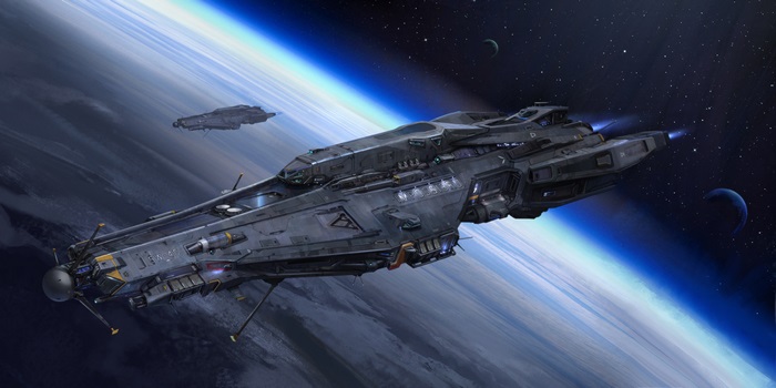 Spaceship in orbit above a planet