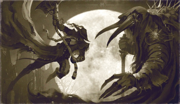 Two figures fighting under a large moon in Bloodborne 4K