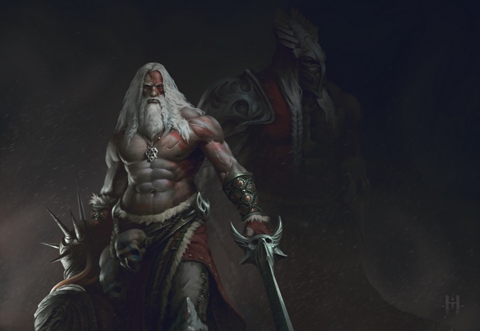 Warrior with long white beard and sword