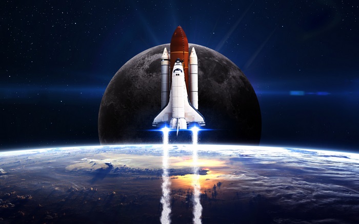 4K Space Shuttle Launch with Earth and Moon
