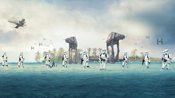 Stormtroopers and AT-ATs on a tropical planet