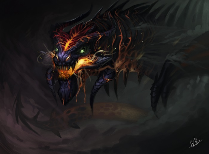 Dragon with fiery accents in dark environment