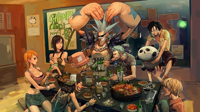 One Piece characters at a table with food and drinks