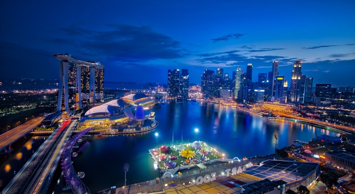 Singapore skyline at night with Marina Bay Sands
