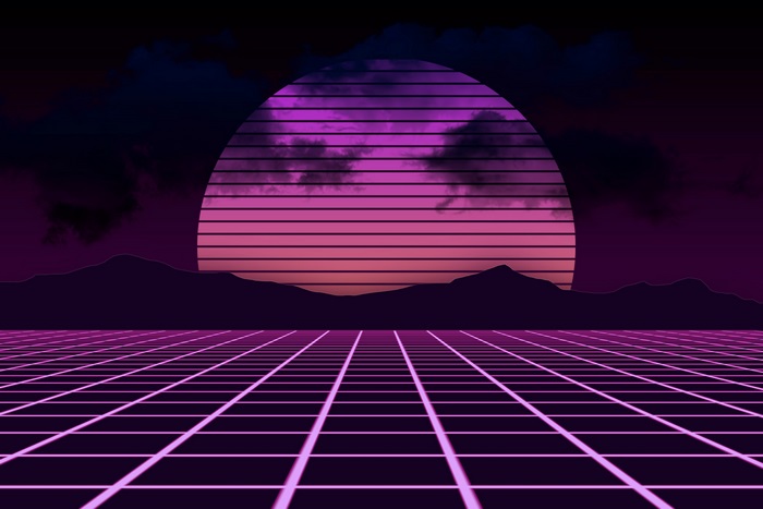 Retro wave grid sunset over mountains