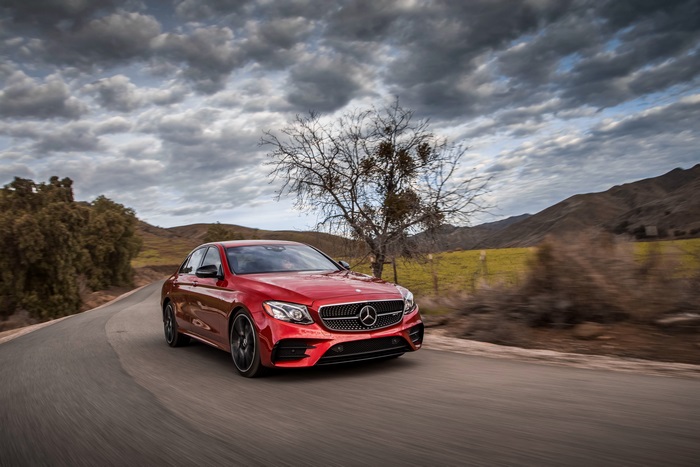 Red Mercedes Benz E Class on Scenic Road 4K