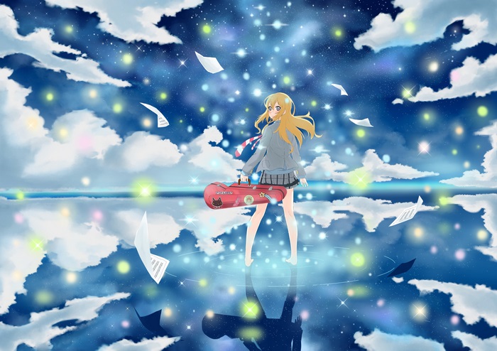 Girl with violin case in starry sky
