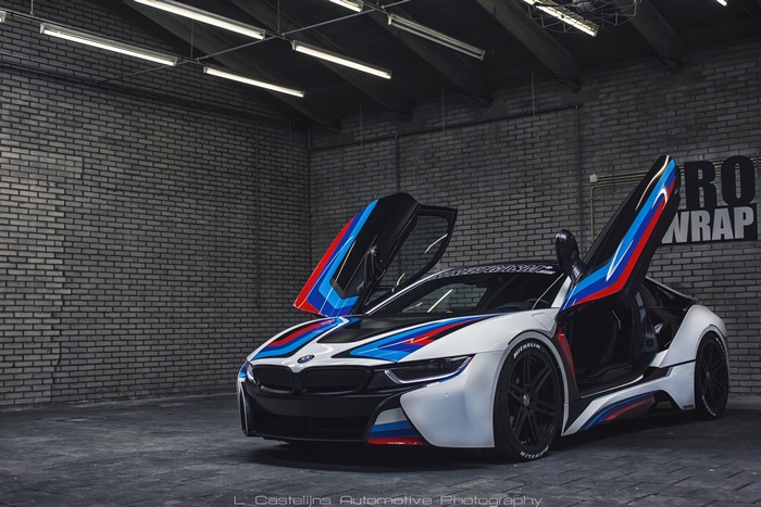 BMW i8 with M stripes in garage