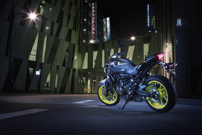 Yamaha MT-07 motorcycle in city at night