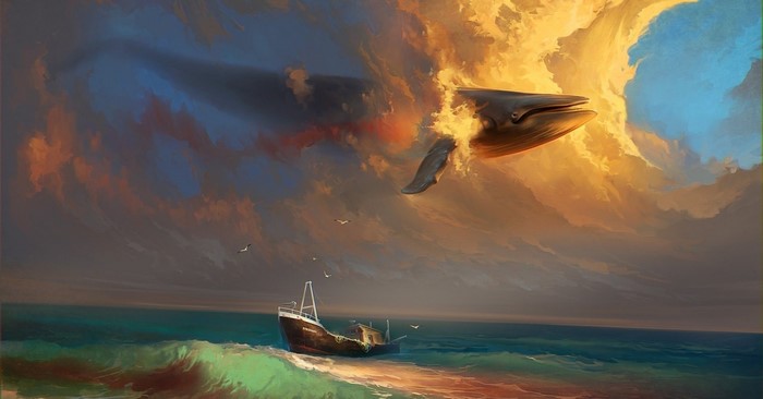 Whales emerging from fiery clouds over a ship