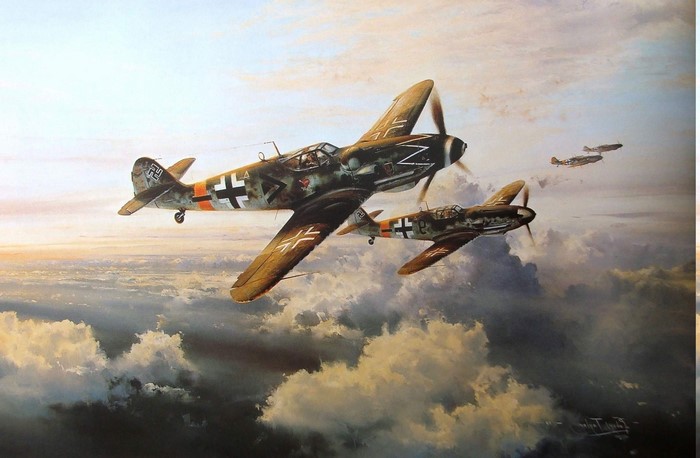 Messerschmitt Bf 109s in flight over clouds