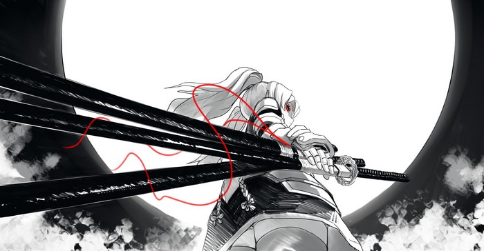 Samurai with multiple katanas and red aura