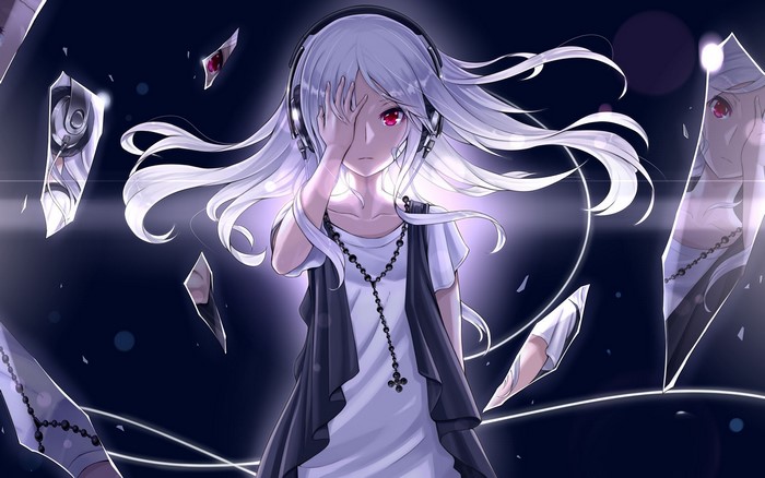 Anime girl with white hair and red eyes wearing headphones