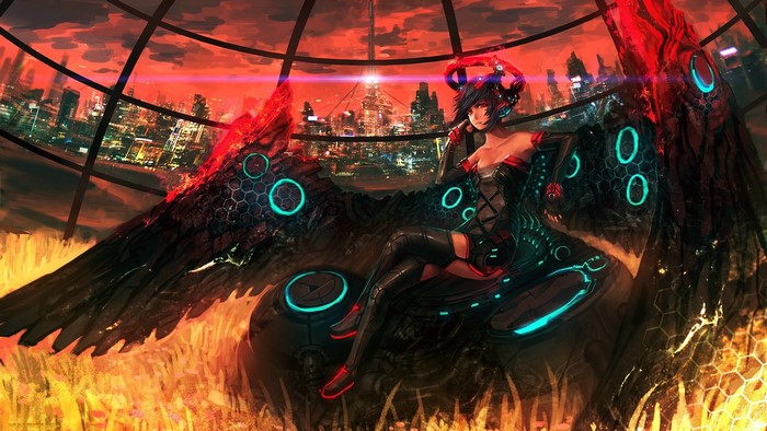 Anime cyborg angel with wings in futuristic city