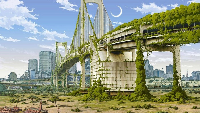 Apocalyptic city with overgrown bridge and crescent moon
