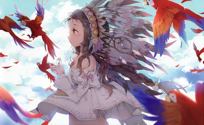 Anime girl with headdress and parrots in the sky