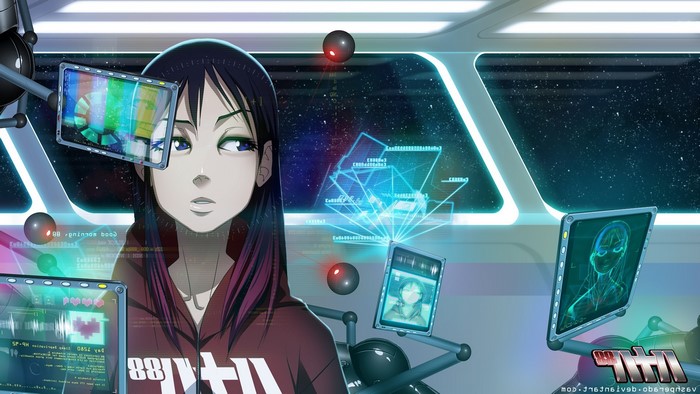 Anime girl in spaceship with futuristic interfaces