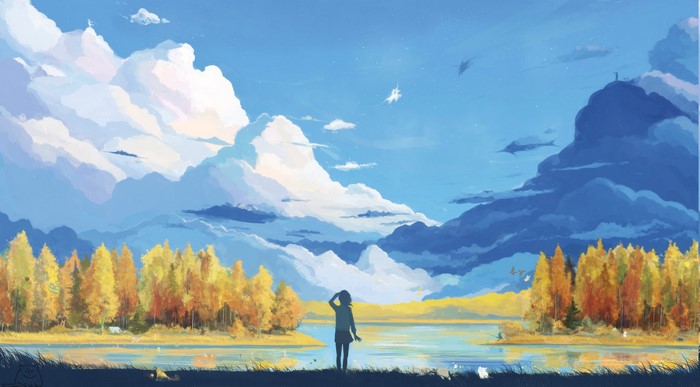 Anime landscape with clouds, mountains, and autumn forest