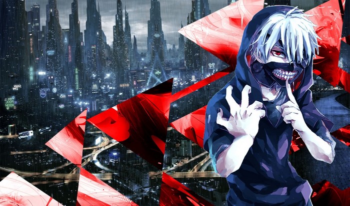 Ken Kaneki from Tokyo Ghoul in a futuristic city