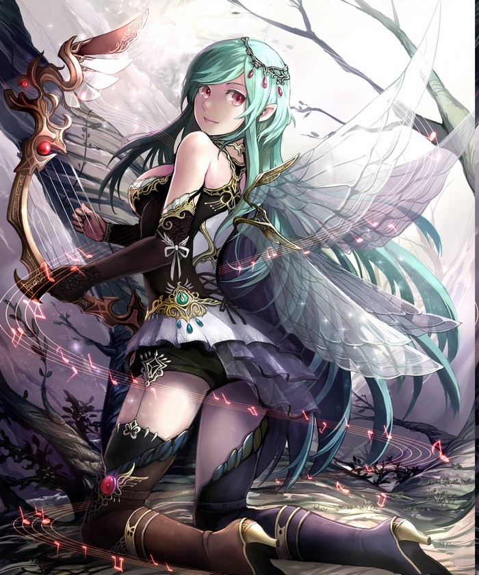 Anime fairy playing a harp in a forest